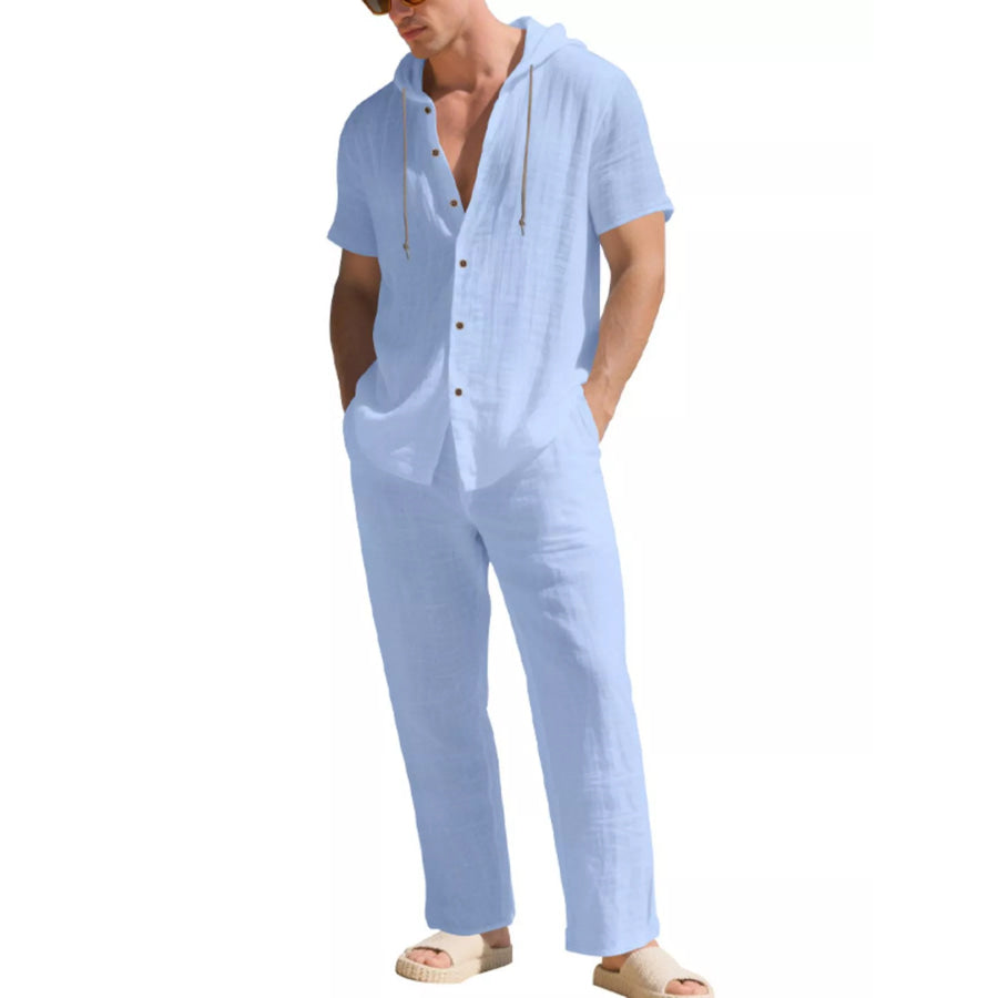 Men’s Full Size Button Up Hooded Top and Pants Set Plus Size Sky Blue / S Apparel and Accessories