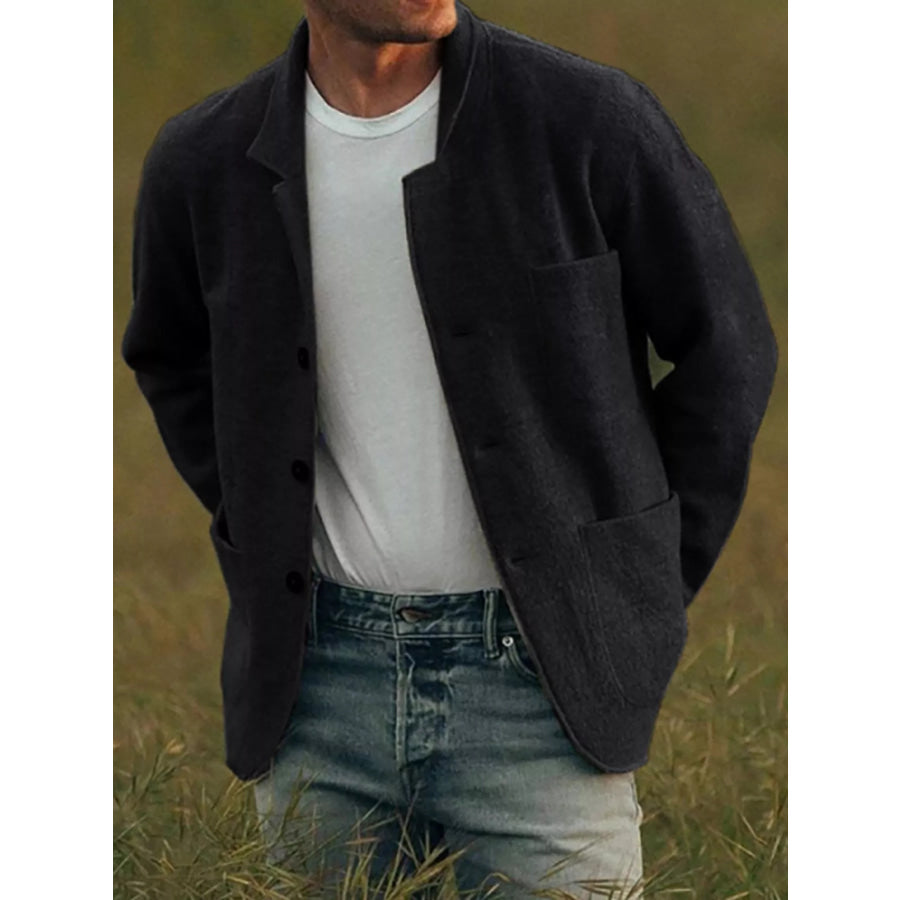 Men’s Full Size Button Up Long Sleeve Jacket with Patch Pockets Plus Black / S Apparel and Accessories