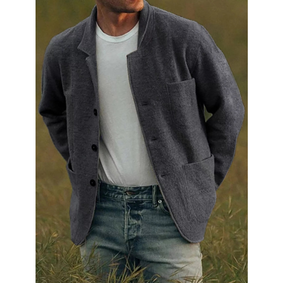 Men’s Full Size Button Up Long Sleeve Jacket with Patch Pockets Plus Dark Gray / S Apparel and Accessories