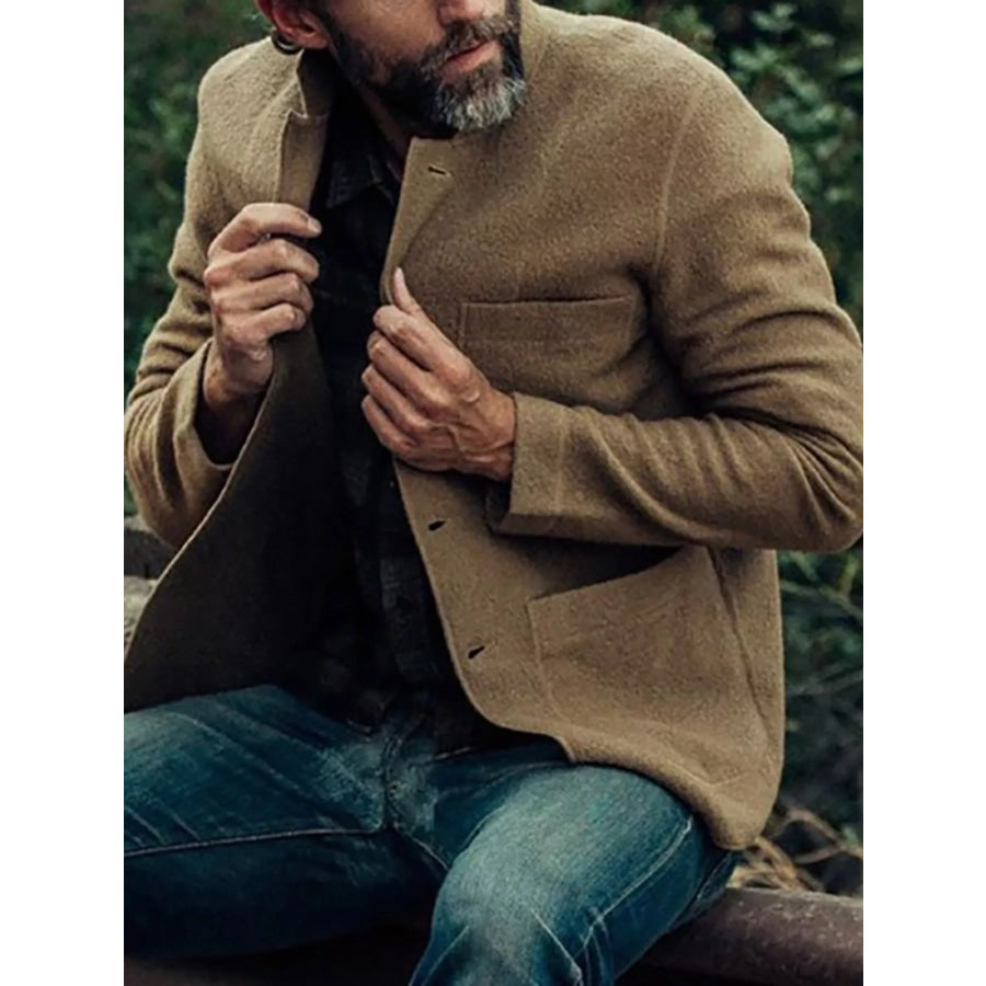 Men’s Full Size Button Up Long Sleeve Jacket with Patch Pockets Plus Khaki / S Apparel and Accessories