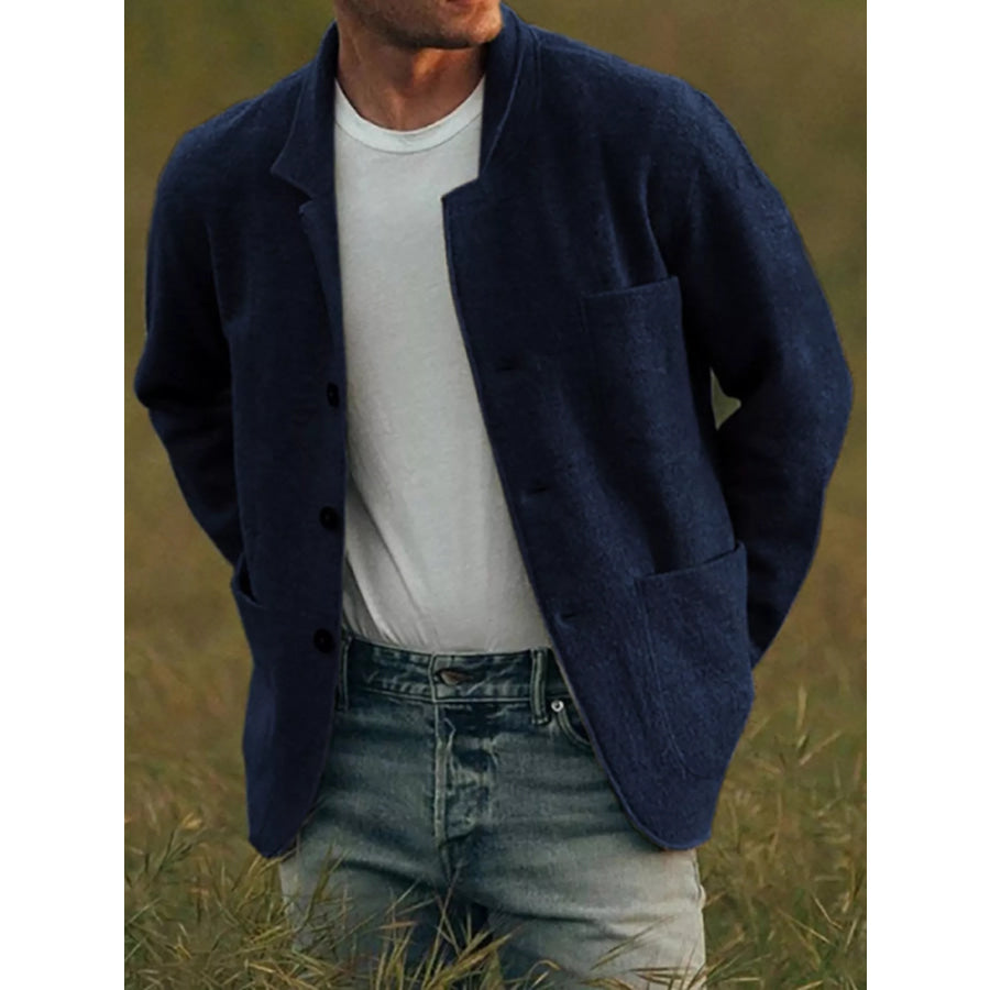 Men’s Full Size Button Up Long Sleeve Jacket with Patch Pockets Plus Navy / S Apparel and Accessories