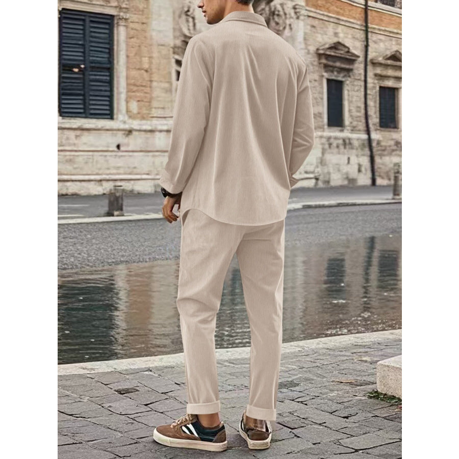 Men’s Full Size Button Up Long Sleeve Shirt and Pants Set Plus Size Apparel and Accessories