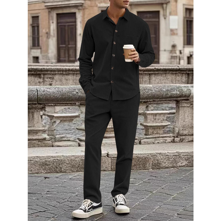 Men’s Full Size Button Up Long Sleeve Shirt and Pants Set Plus Size Black / S Apparel and Accessories