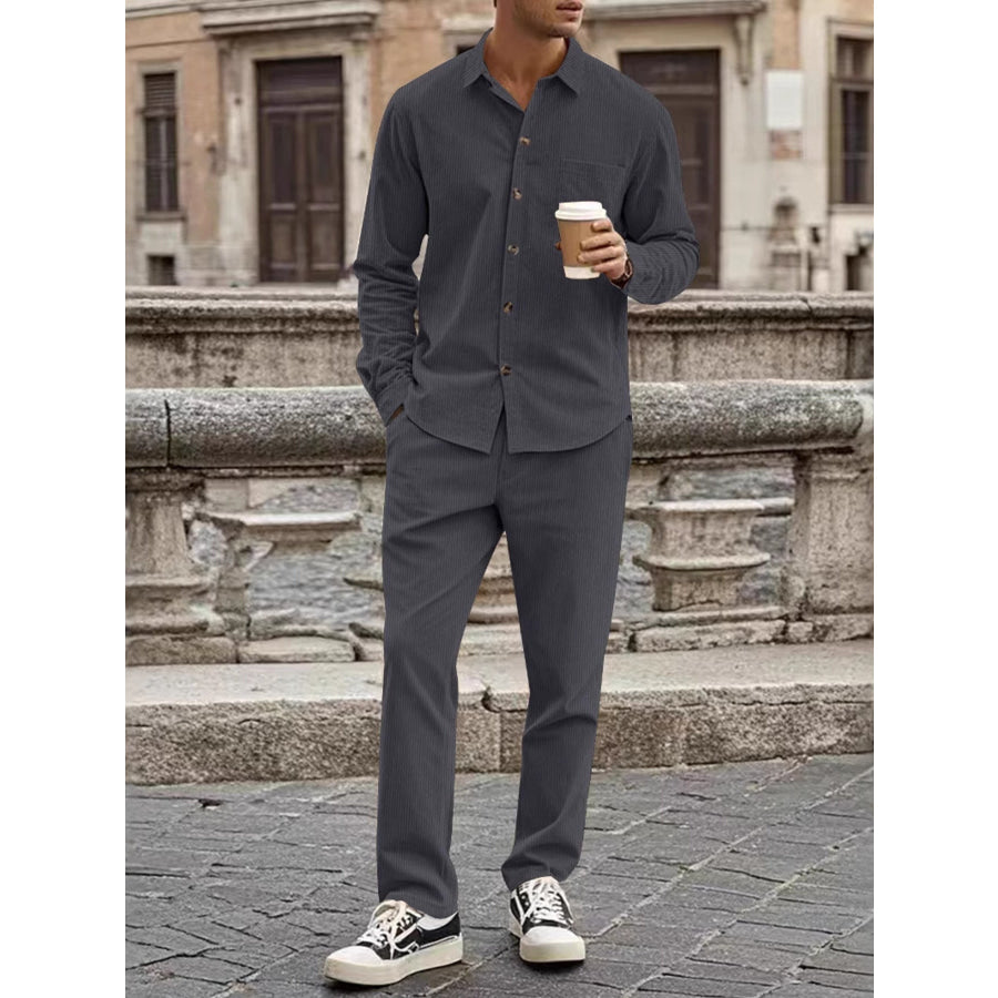 Men’s Full Size Button Up Long Sleeve Shirt and Pants Set Plus Size Grey / S Apparel and Accessories
