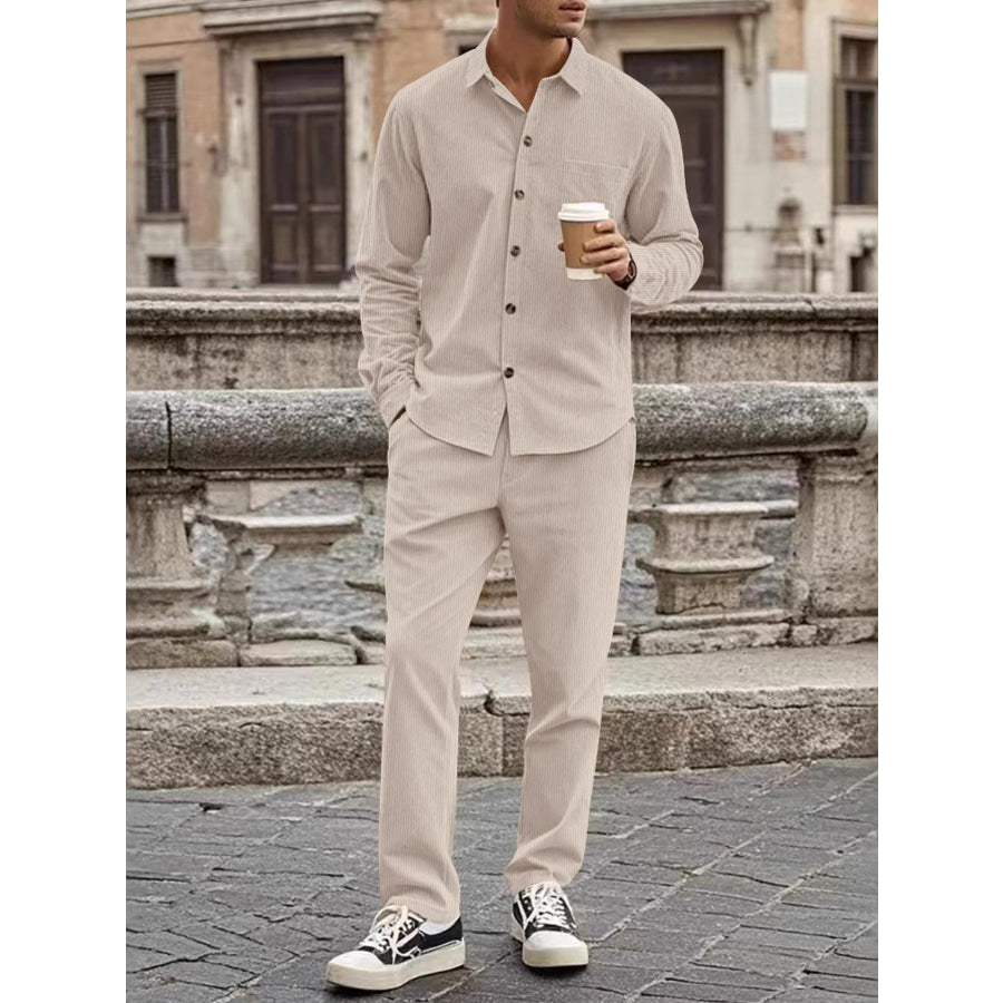 Men’s Full Size Button Up Long Sleeve Shirt and Pants Set Plus Size Khaki / S Apparel and Accessories