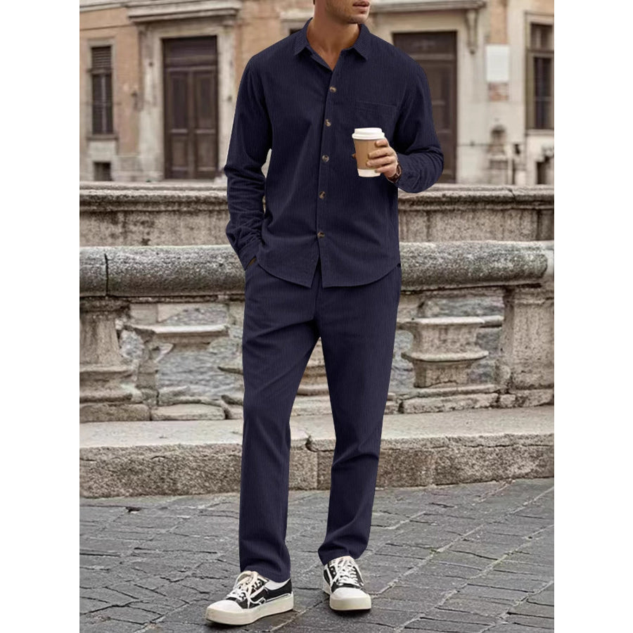 Men’s Full Size Button Up Long Sleeve Shirt and Pants Set Plus Size Navy Blue / S Apparel and Accessories