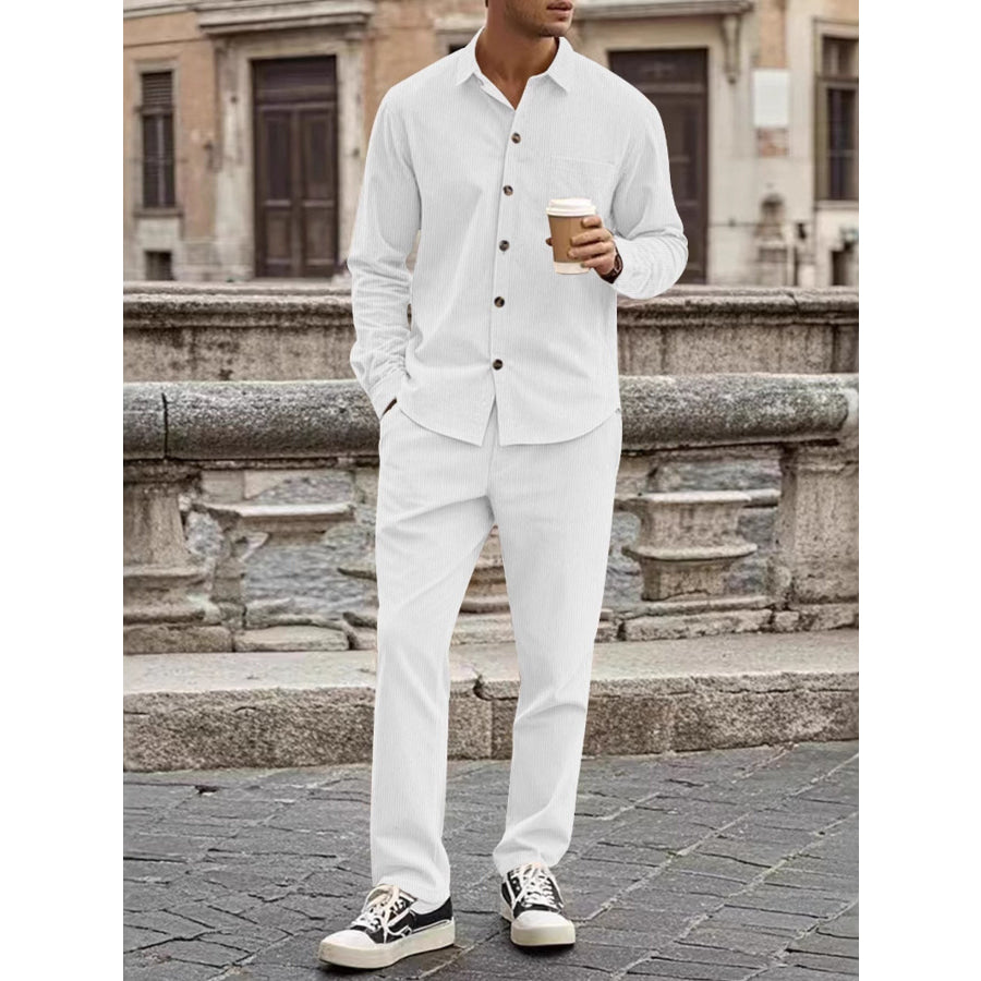 Men’s Full Size Button Up Long Sleeve Shirt and Pants Set Plus Size White / S Apparel and Accessories
