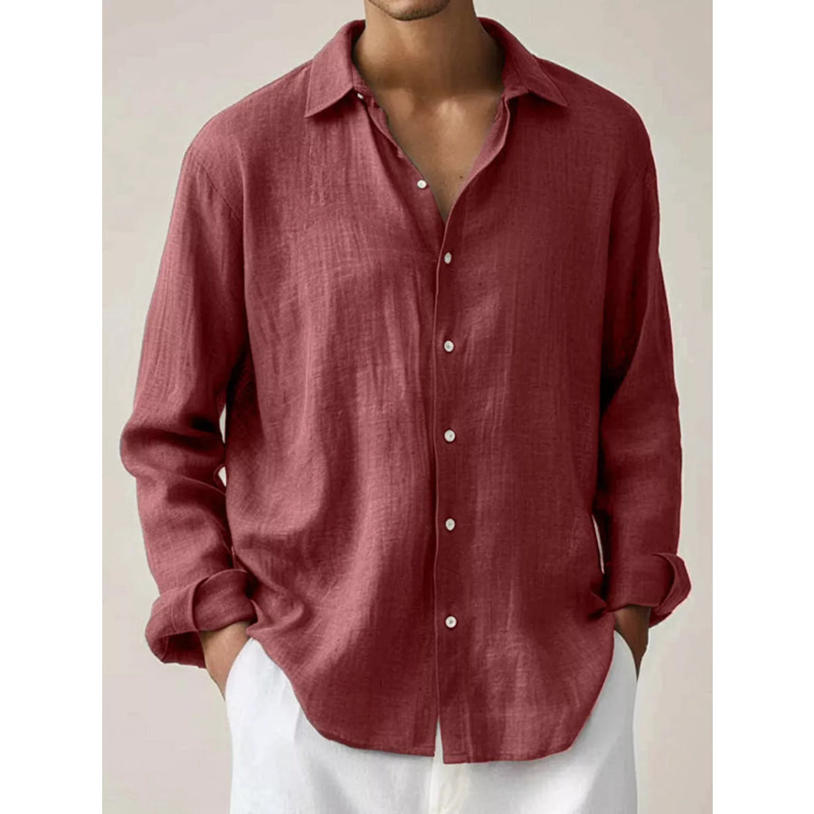 Men’s Full Size Button Up Long Sleeve Shirt Plus Size Burgundy / S Apparel and Accessories