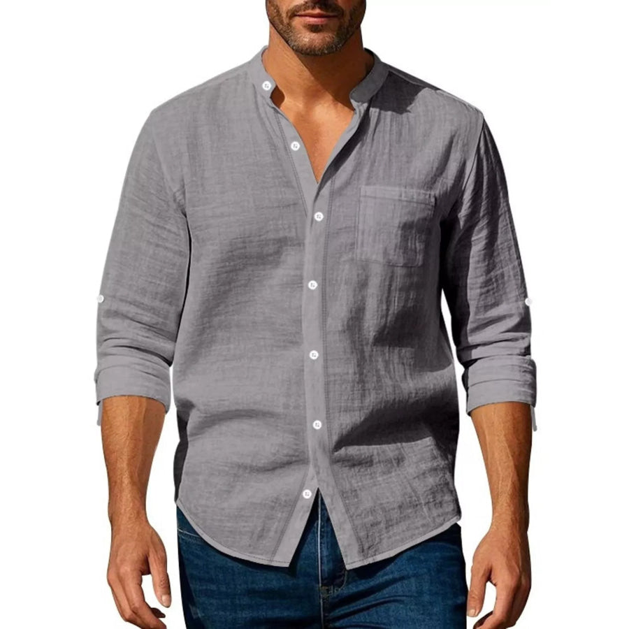 Men’s Full Size Button Up Long Sleeve Shirt Plus Size Dark Gray / S Apparel and Accessories