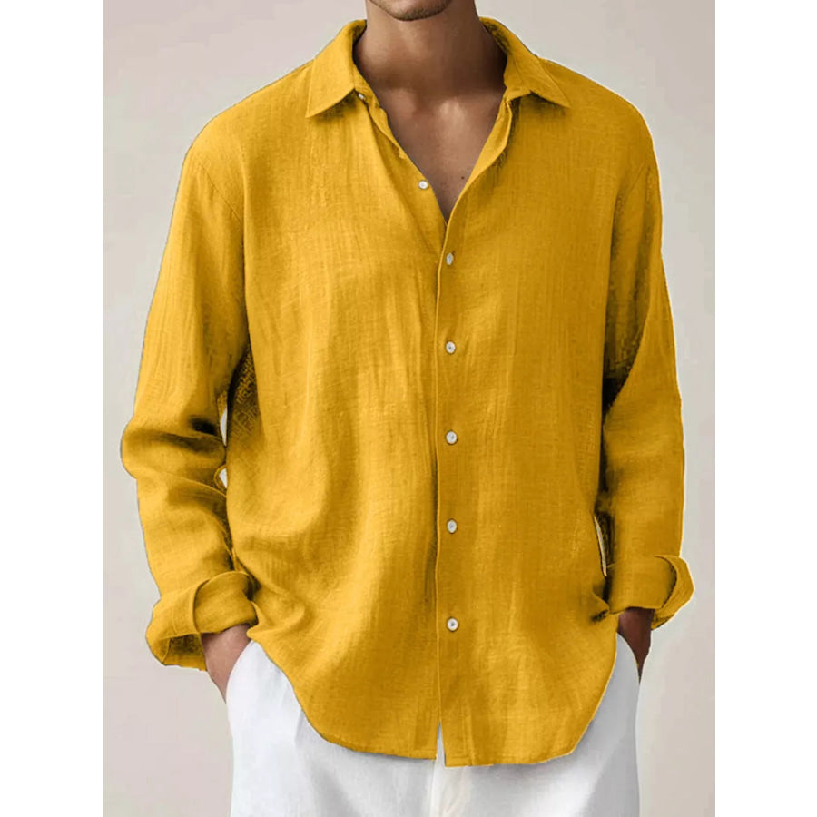 Men’s Full Size Button Up Long Sleeve Shirt Plus Size Gold / S Apparel and Accessories
