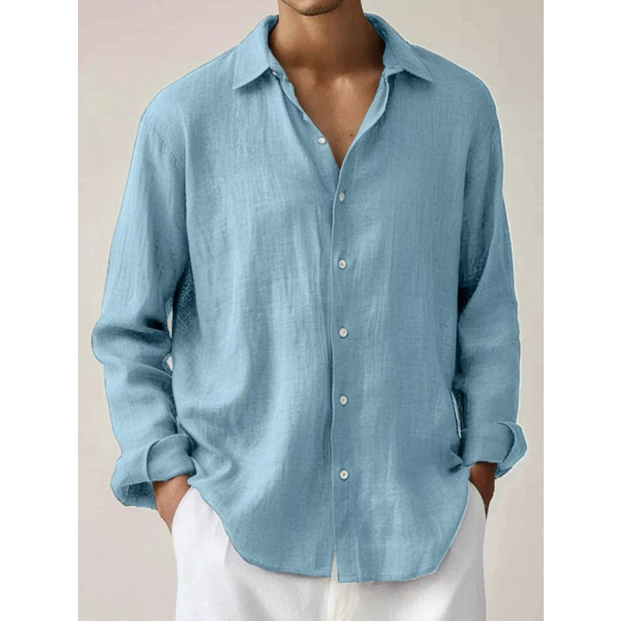 Men’s Full Size Button Up Long Sleeve Shirt Plus Size Pastel Blue / S Apparel and Accessories