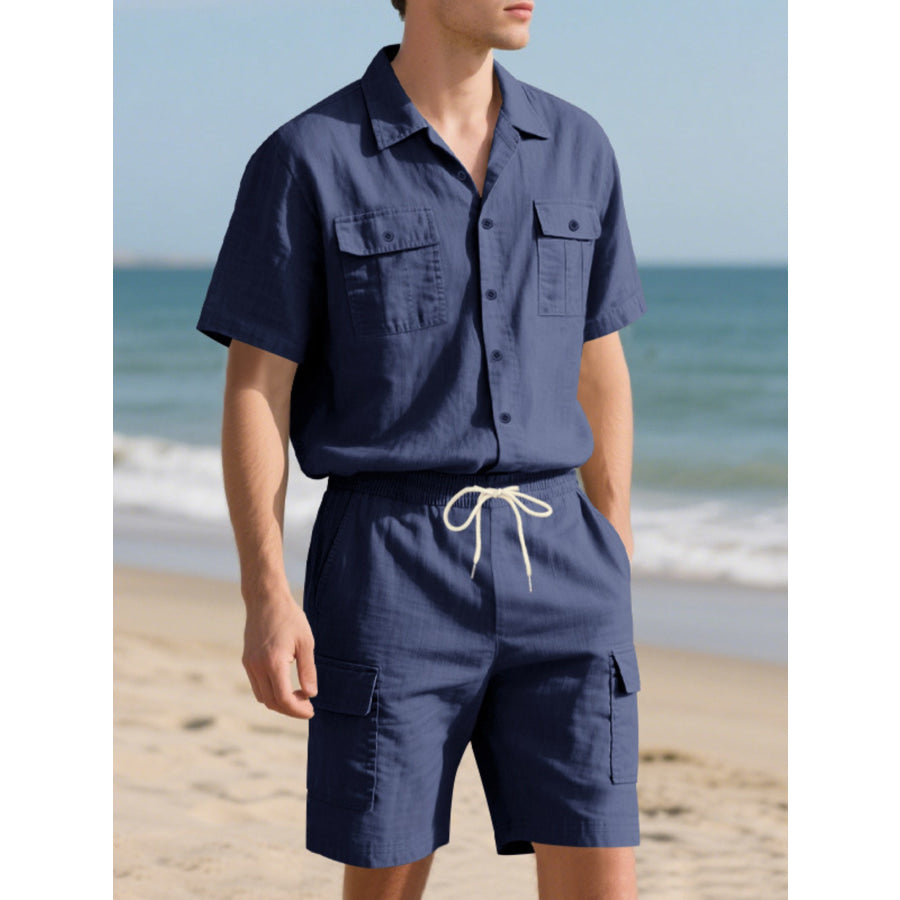 Men’s Full Size Button Up Shirt and Shorts Set Plus Size Apparel and Accessories