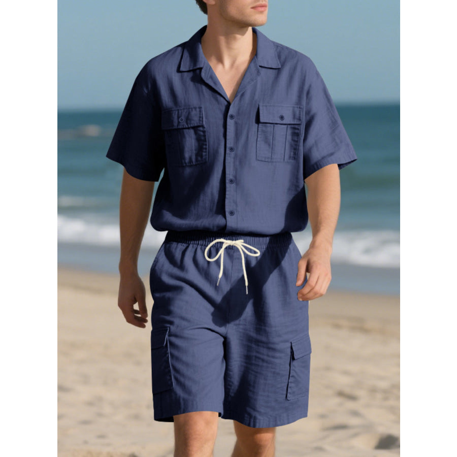 Men’s Full Size Button Up Shirt and Shorts Set Plus Size Apparel and Accessories