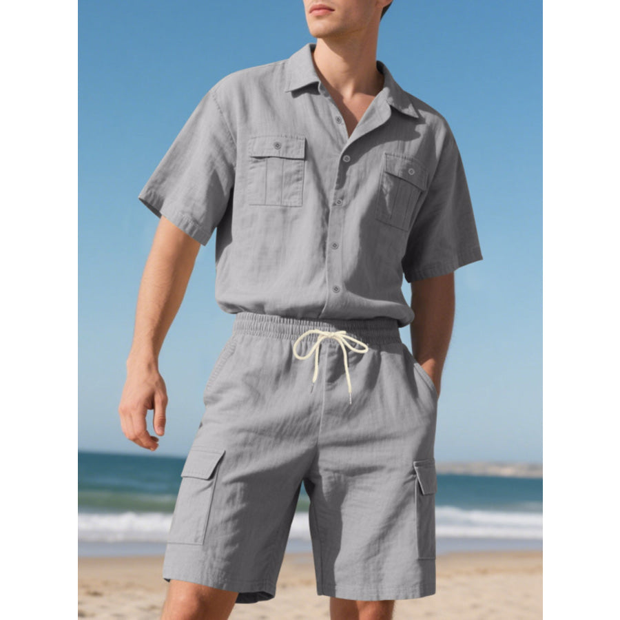 Men’s Full Size Button Up Shirt and Shorts Set Plus Size Grey / S Apparel and Accessories