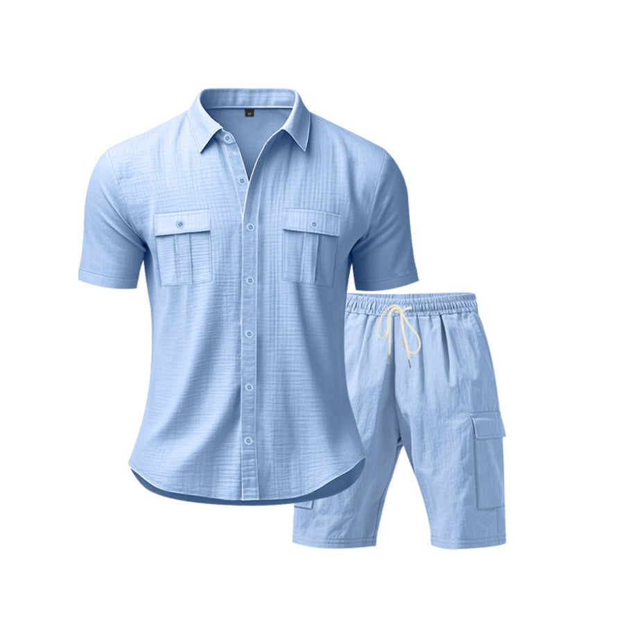 Men’s Full Size Button Up Shirt and Shorts Set Plus Size Light Blue / S Apparel and Accessories