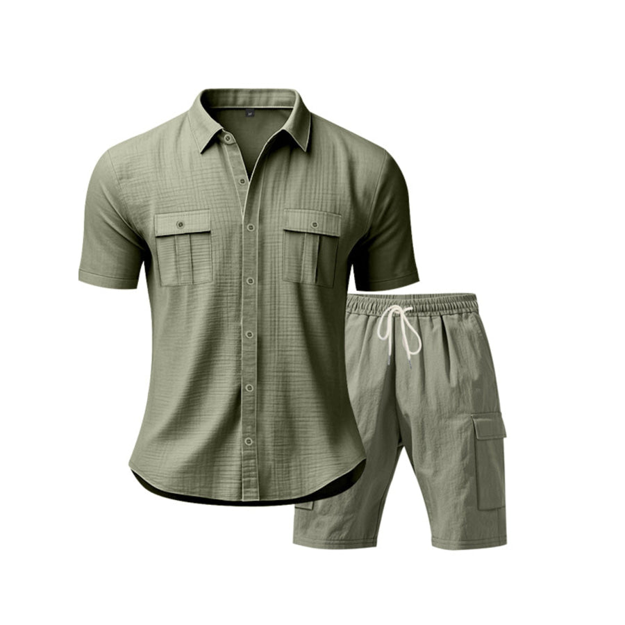 Men’s Full Size Button Up Shirt and Shorts Set Plus Size Military Green / S Apparel and Accessories