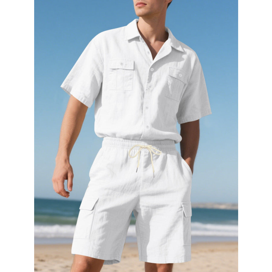 Men’s Full Size Button Up Shirt and Shorts Set Plus Size White / S Apparel and Accessories