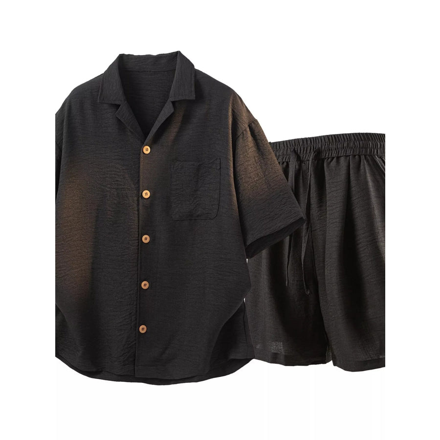 Men’s Full Size Button Up Short Sleeve Shirt and Shorts Plus Size Black / S Apparel and Accessories