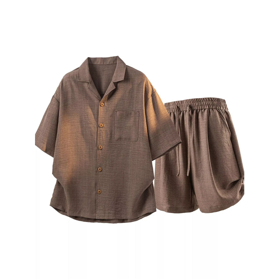 Men’s Full Size Button Up Short Sleeve Shirt and Shorts Plus Size Brown / S Apparel and Accessories