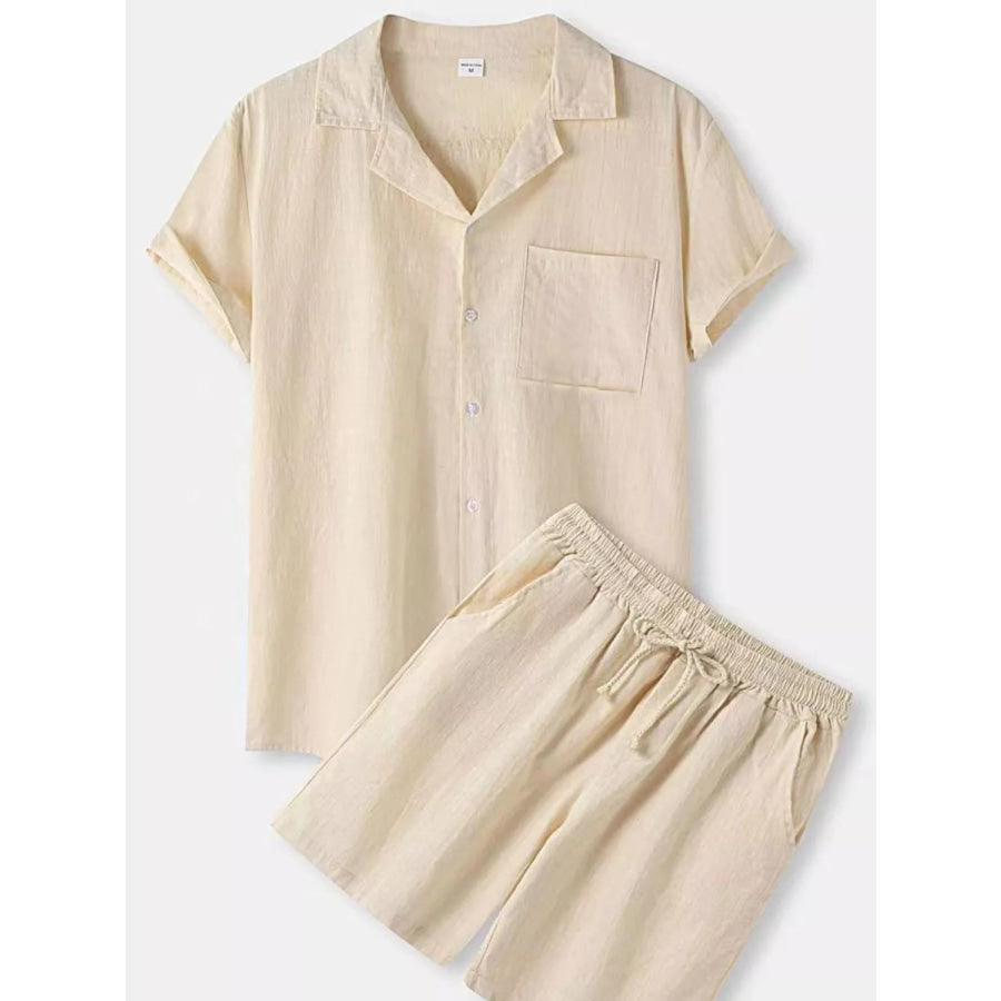 Men’s Full Size Button Up Short Sleeve Shirt and Shorts Set Plus Size Apricot / S Apparel and Accessories