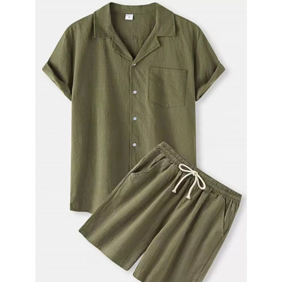 Men’s Full Size Button Up Short Sleeve Shirt and Shorts Set Plus Size Army Green / S Apparel and Accessories