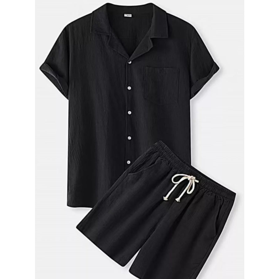 Men’s Full Size Button Up Short Sleeve Shirt and Shorts Set Plus Size Black / S Apparel and Accessories