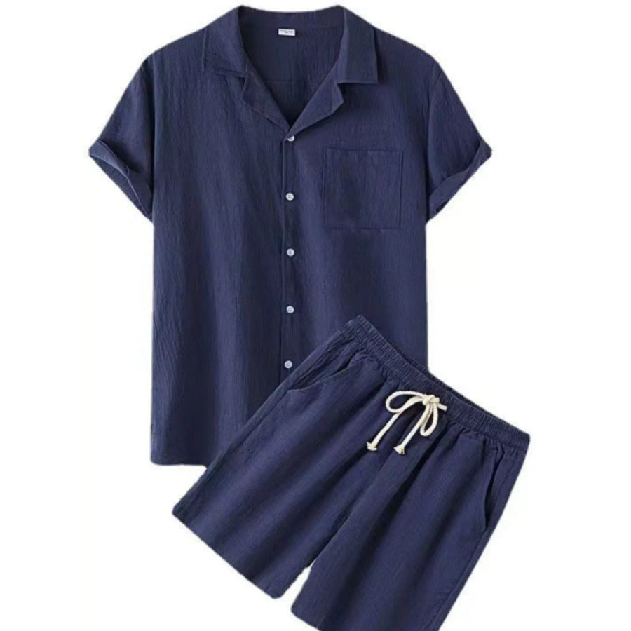Men’s Full Size Button Up Short Sleeve Shirt and Shorts Set Plus Size Navy / S Apparel and Accessories