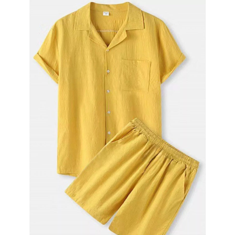 Men’s Full Size Button Up Short Sleeve Shirt and Shorts Set Plus Size Yellow / S Apparel and Accessories