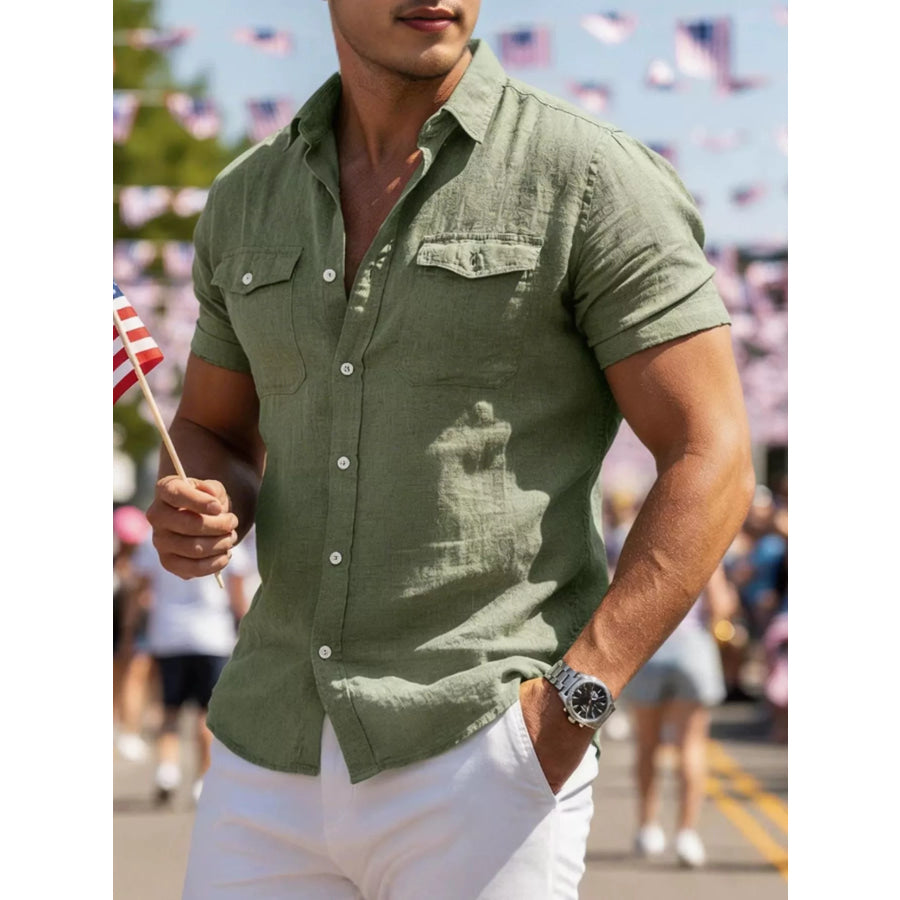 Men’s Full Size Button Up Short Sleeve Shirt Plus Size Army Green / S Apparel and Accessories