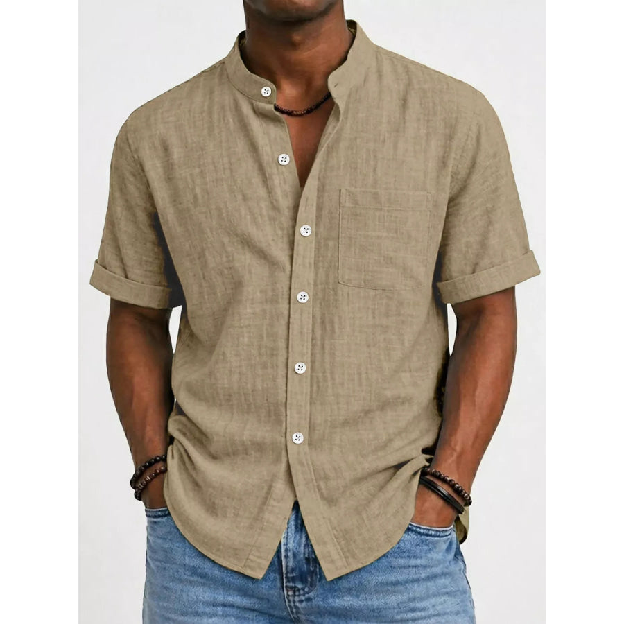 Men’s Full Size Button Up Short Sleeve Shirt Plus Size Khaki / S Apparel and Accessories