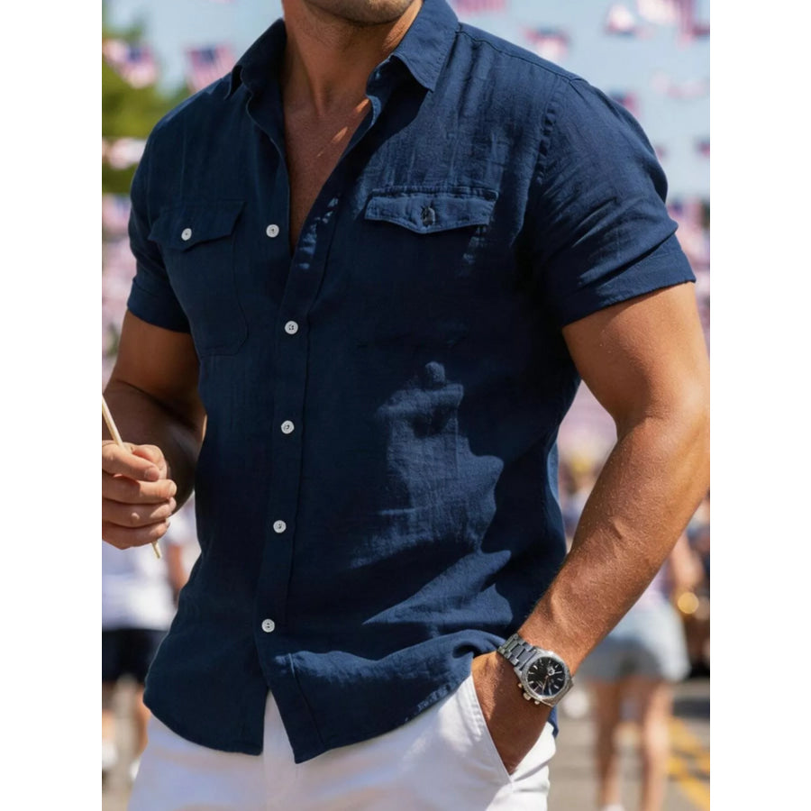 Men’s Full Size Button Up Short Sleeve Shirt Plus Size Navy Blue / S Apparel and Accessories