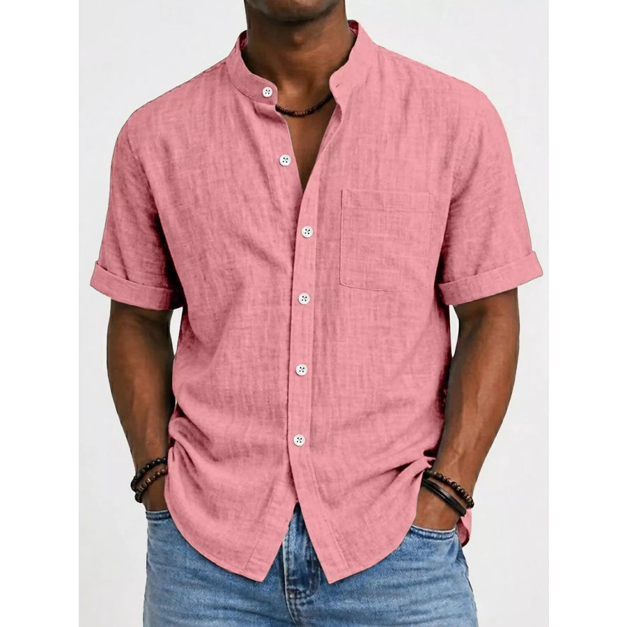 Men’s Full Size Button Up Short Sleeve Shirt Plus Size Pink / S Apparel and Accessories