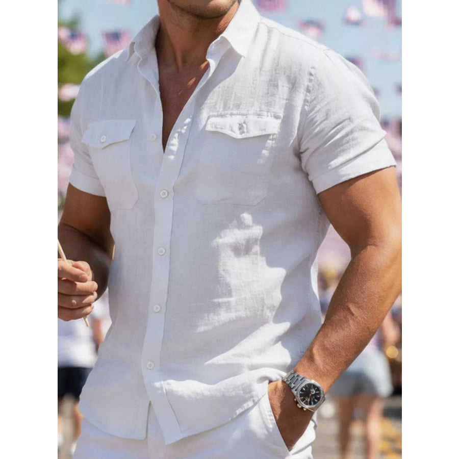 Men’s Full Size Button Up Short Sleeve Shirt Plus Size White / S Apparel and Accessories