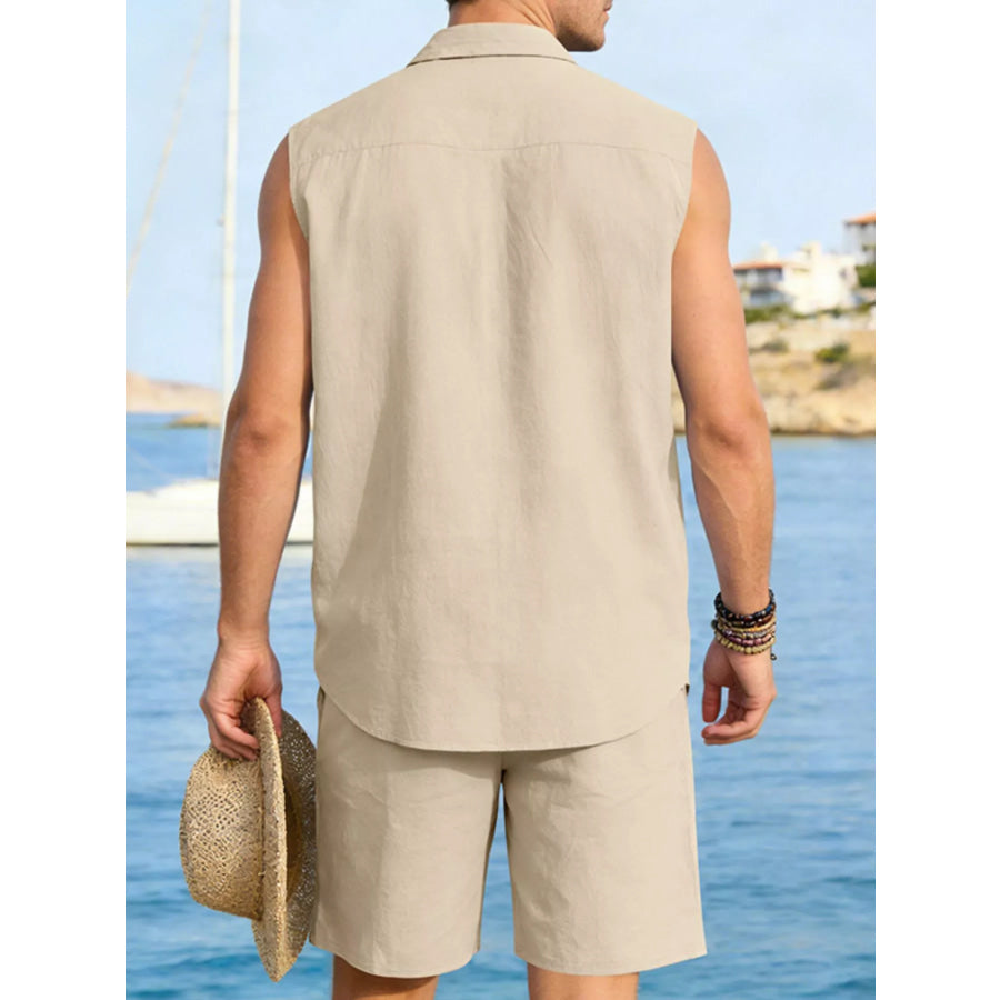 Men’s Full Size Button Up Sleeveless Top and Shorts Plus Size Apparel and Accessories