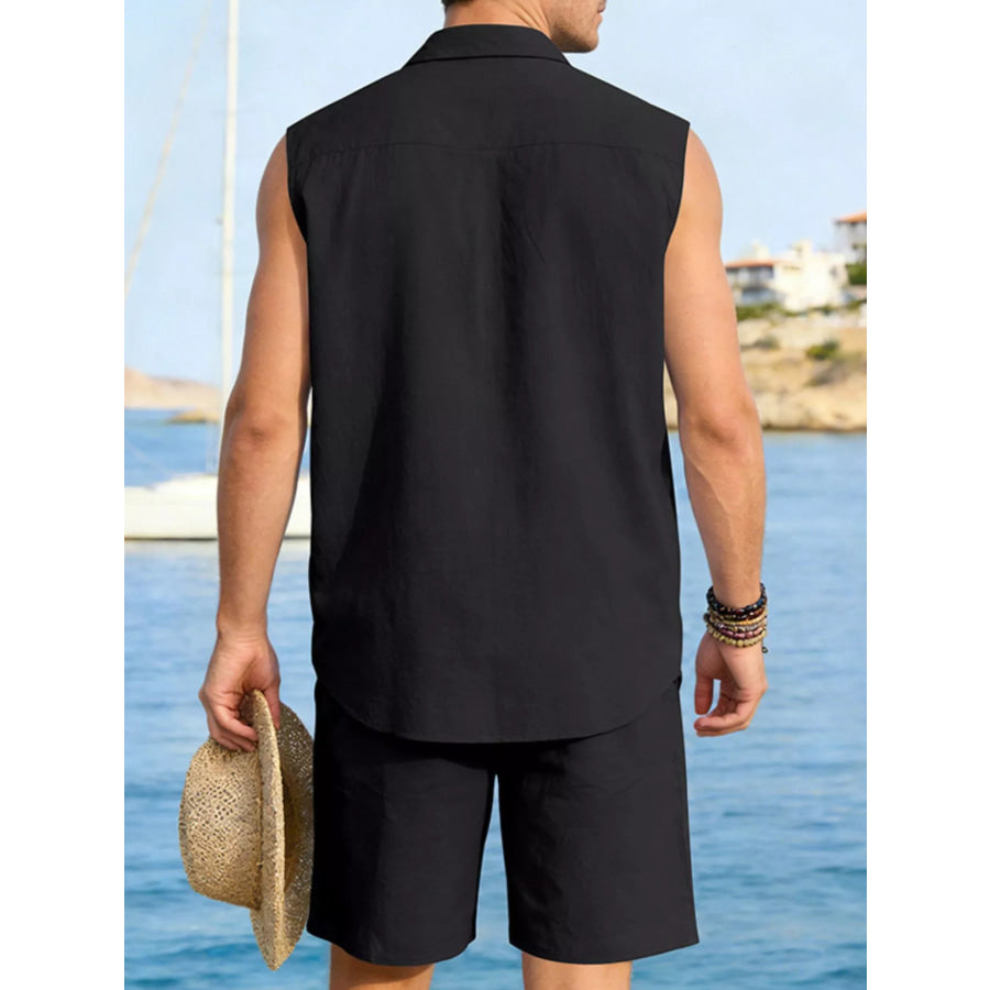 Men’s Full Size Button Up Sleeveless Top and Shorts Plus Size Apparel and Accessories