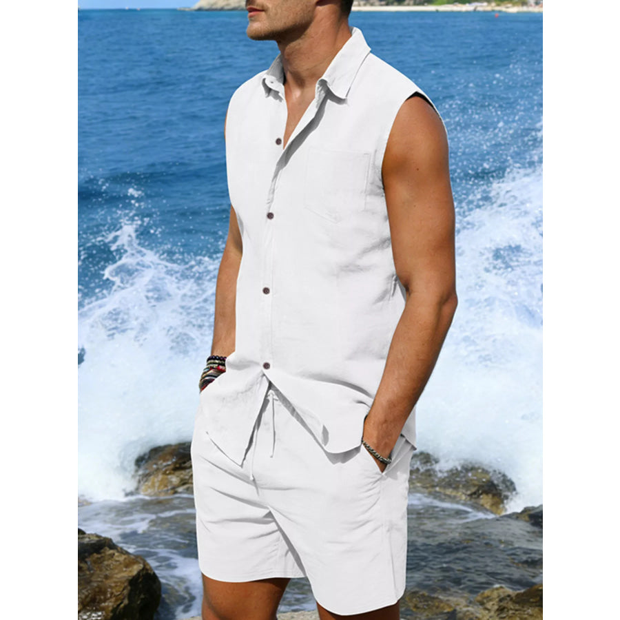 Men’s Full Size Button Up Sleeveless Top and Shorts Plus Size Apparel and Accessories