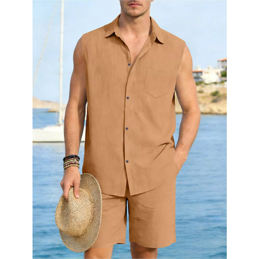 Men’s Full Size Button Up Sleeveless Top and Shorts Plus Size Apparel and Accessories