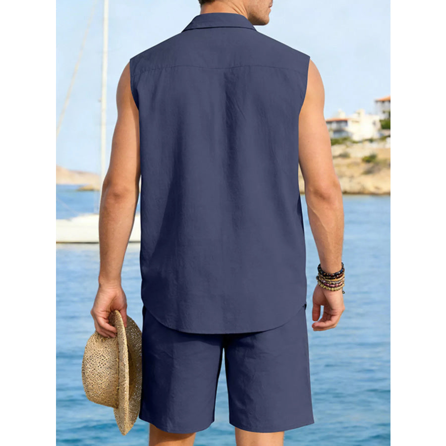 Men’s Full Size Button Up Sleeveless Top and Shorts Plus Size Apparel and Accessories
