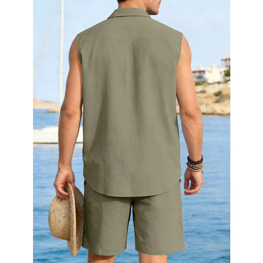 Men’s Full Size Button Up Sleeveless Top and Shorts Plus Size Apparel and Accessories