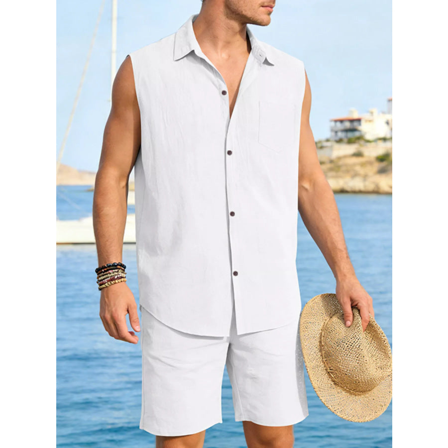 Men’s Full Size Button Up Sleeveless Top and Shorts Plus Size Apparel and Accessories