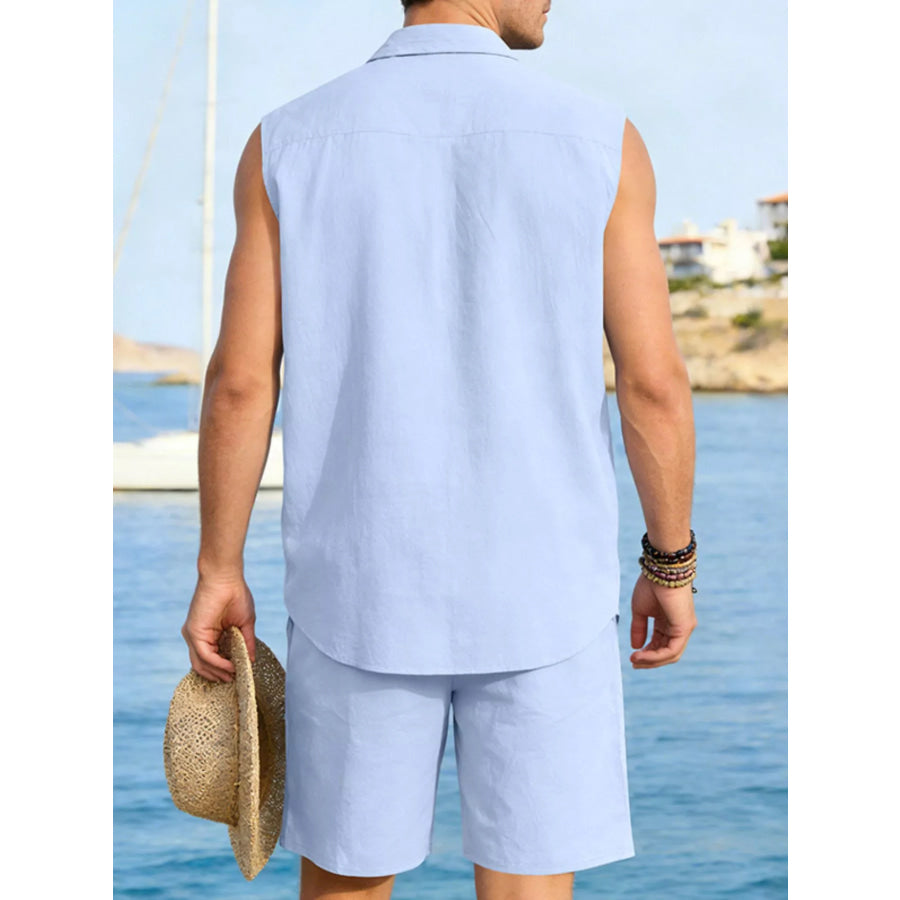 Men’s Full Size Button Up Sleeveless Top and Shorts Plus Size Apparel and Accessories