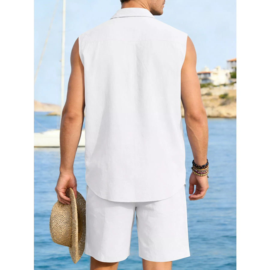 Men’s Full Size Button Up Sleeveless Top and Shorts Plus Size Apparel and Accessories
