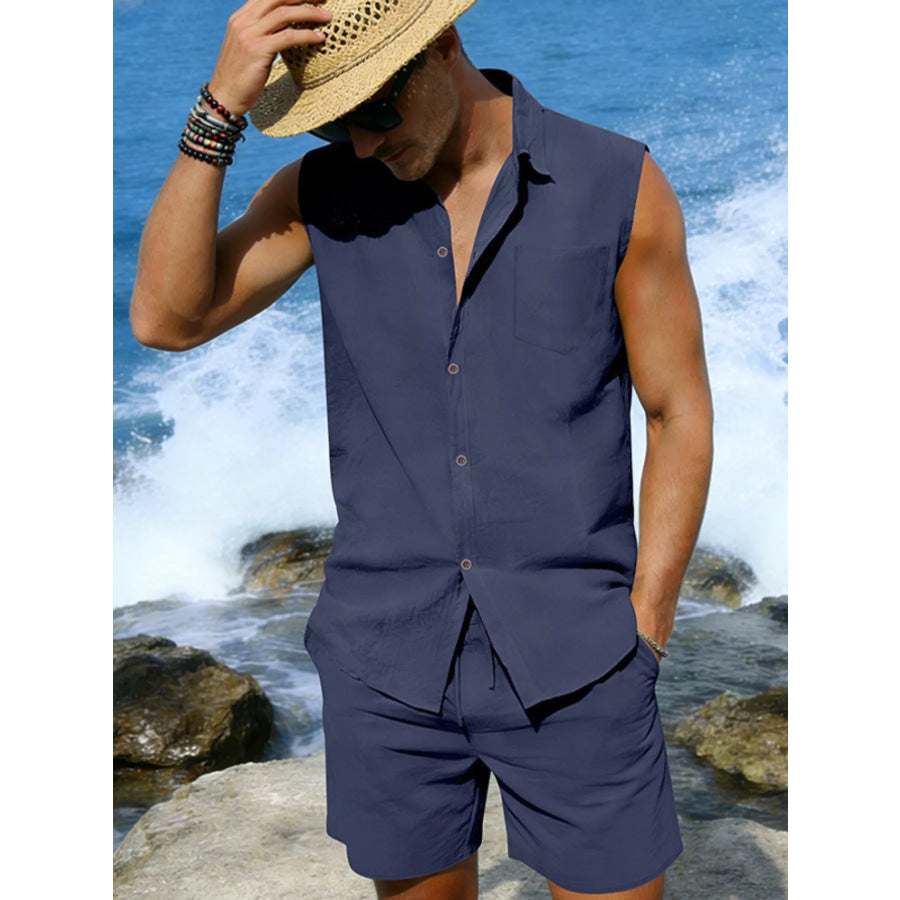 Men’s Full Size Button Up Sleeveless Top and Shorts Plus Size Apparel and Accessories