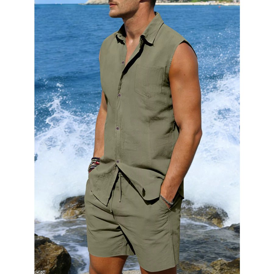 Men’s Full Size Button Up Sleeveless Top and Shorts Plus Size Apparel and Accessories