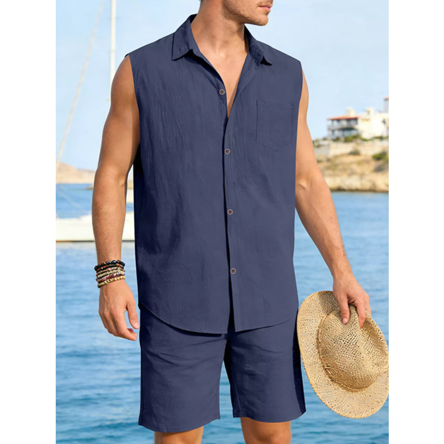 Men’s Full Size Button Up Sleeveless Top and Shorts Plus Size Apparel and Accessories