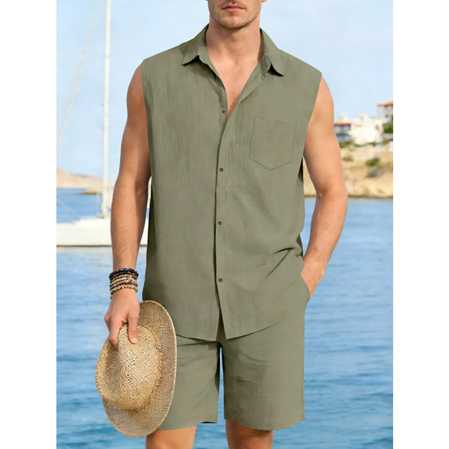 Men’s Full Size Button Up Sleeveless Top and Shorts Plus Size Army Green / S Apparel and Accessories