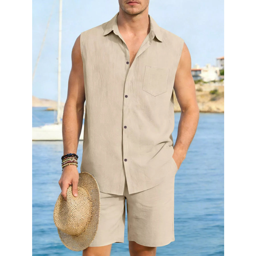 Men’s Full Size Button Up Sleeveless Top and Shorts Plus Size Beige / S Apparel and Accessories