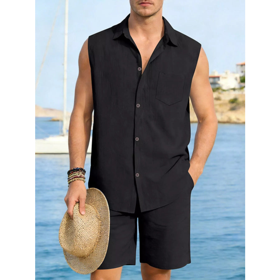Men’s Full Size Button Up Sleeveless Top and Shorts Plus Size Black / S Apparel and Accessories