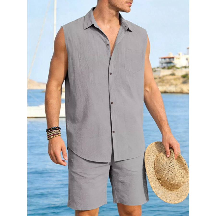Men’s Full Size Button Up Sleeveless Top and Shorts Plus Size Gray / S Apparel and Accessories