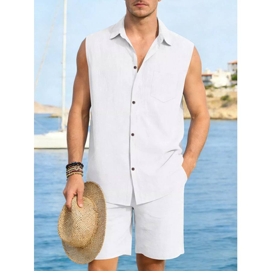 Men’s Full Size Button Up Sleeveless Top and Shorts Plus Size Gray/white / S Apparel and Accessories